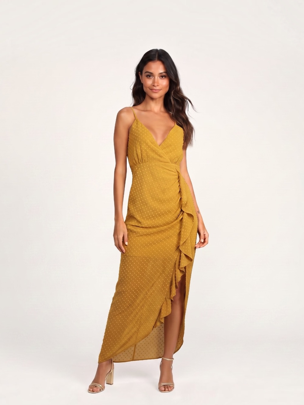 Lulus Mustard Yellow Ruffled Wrap Midi Dress NWT Small Wedding Guest Formal